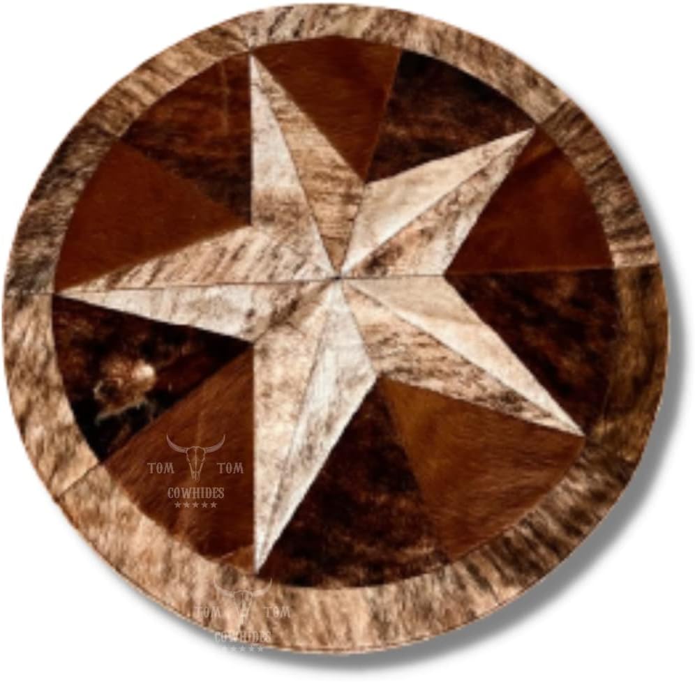 Rug Leather Star Cow Hide Patchwork Area Round Carpet 40'' LIGHT