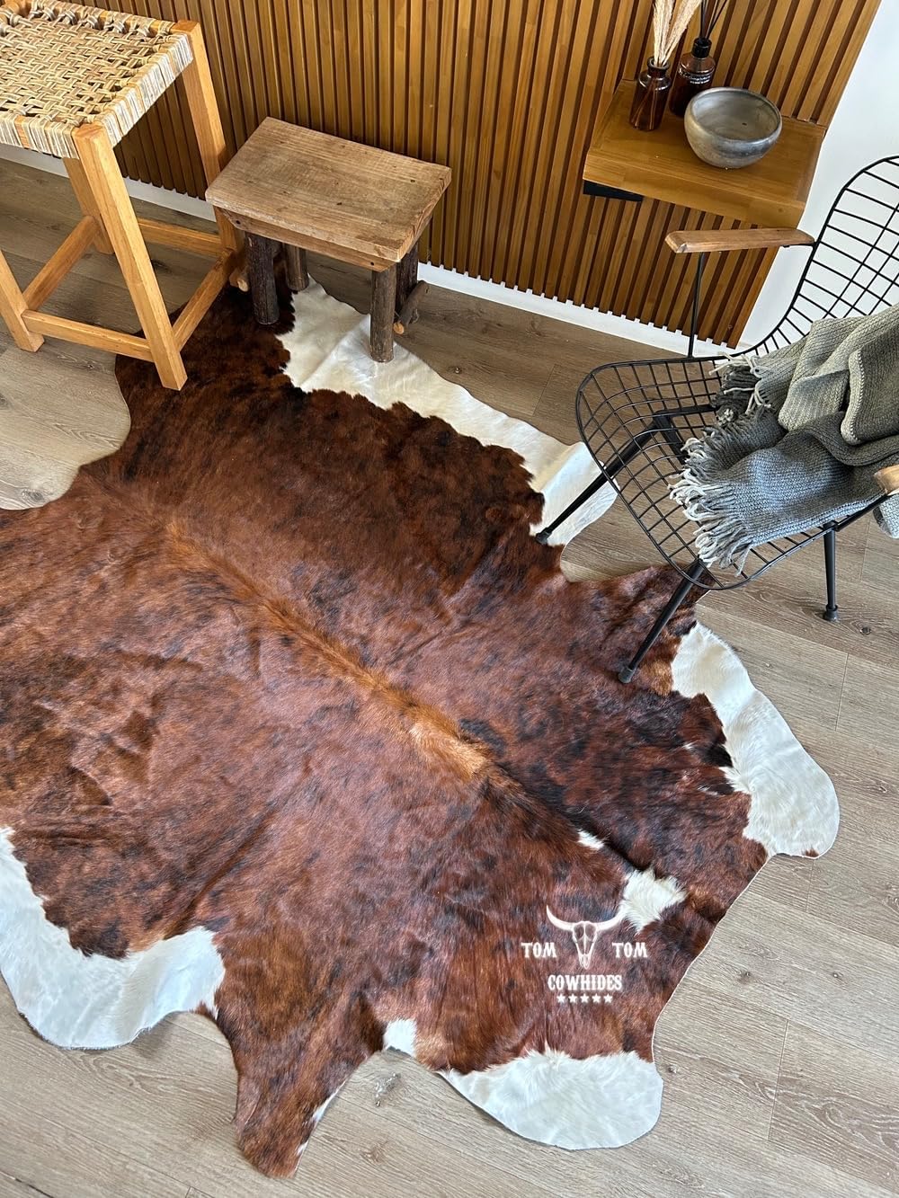 Premium Cowhide Rug | 7x6 ft |  Brindle Tricolor | Natural & Unique | Modern Luxury Decor