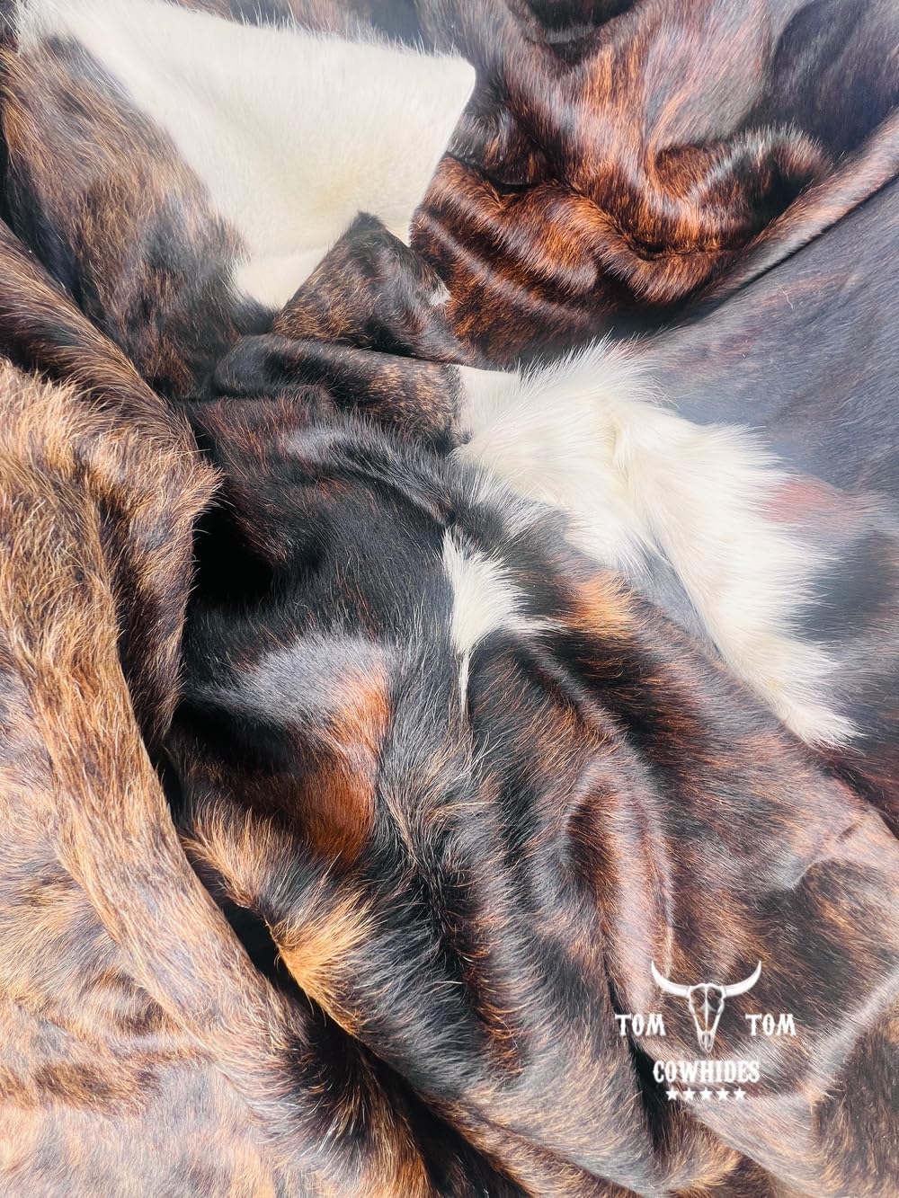 Premium Cowhide Rug | 7x6 ft |  Brindle Tricolor | Natural & Unique | Modern Luxury Decor