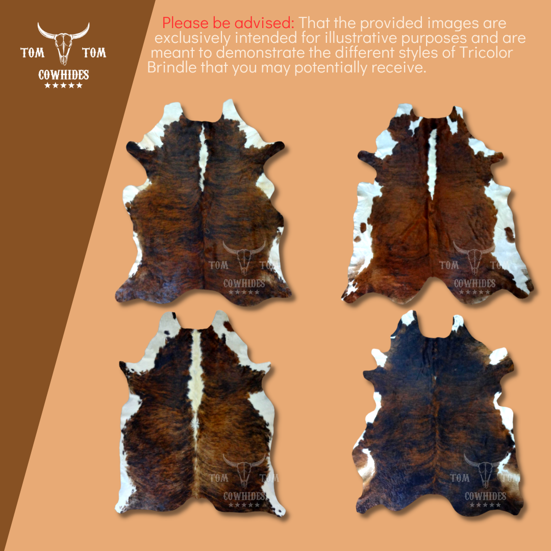Premium Cowhide Rug | 7x6 ft |  Brindle Tricolor | Natural & Unique | Modern Luxury Decor