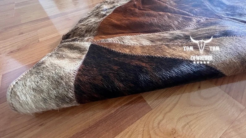 Rug Leather Star Cow Hide Patchwork Area Round Carpet 40'' DARK