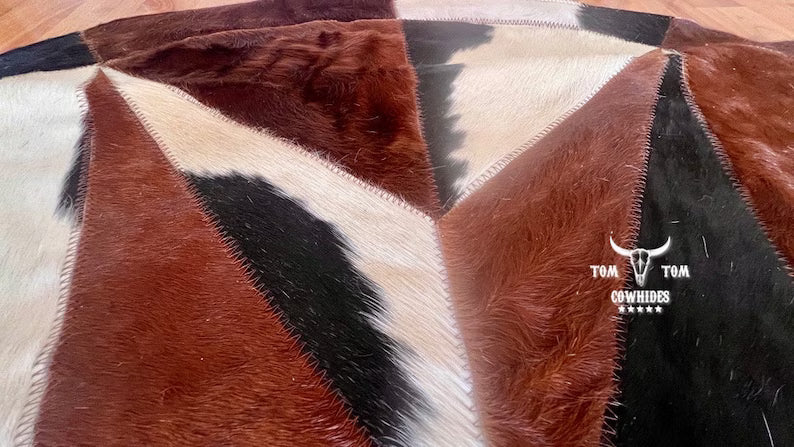 Rug Leather Star Cow Hide Patchwork Area Round Carpet 40'' BULL