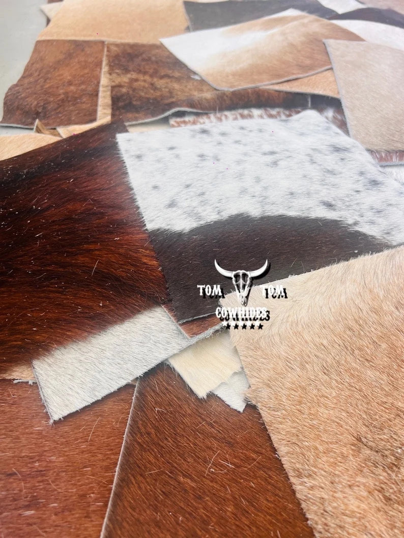 Hide Scrap Leather Hair on hide Remnant 15 Pieces of Approx. 8 x 8