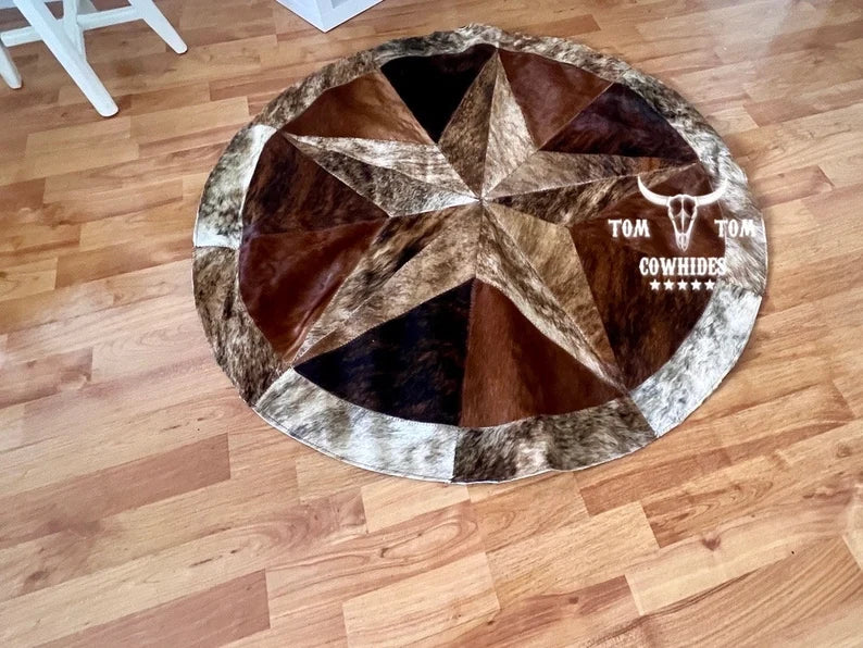 Rug Leather Star Cow Hide Patchwork Area Round Carpet 40'' DARK