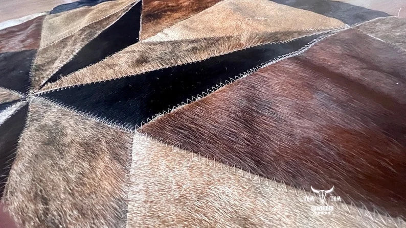 Rug Leather Star Cow Hide Patchwork Area Round Carpet 40'' LIGHT