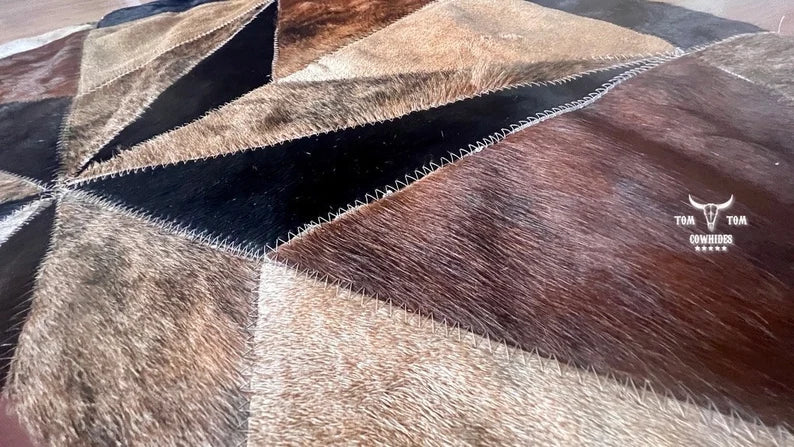Rug Leather Star Cow Hide Patchwork Area Round Carpet 40'' LIGHT