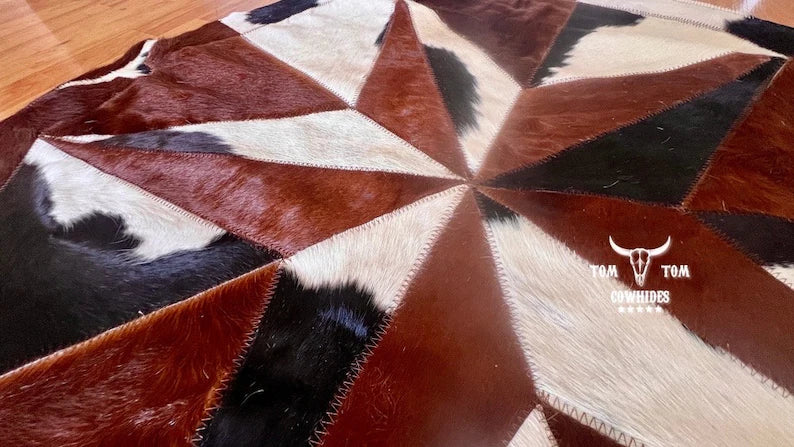 Rug Leather Star Cow Hide Patchwork Area Round Carpet 40'' BULL