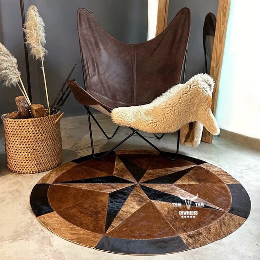 Rug Leather Star Cow Hide Patchwork Area Round Carpet 40'' DARK