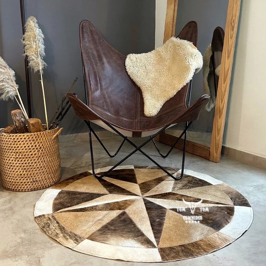 Rug Leather Star Cow Hide Patchwork Area Round Carpet 40'' LIGHT