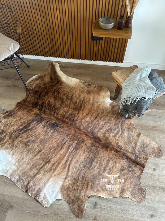 Premium Cowhide Rug | 6X6 ft | Brindle Brown | Natural & Unique | Modern Luxury Decor