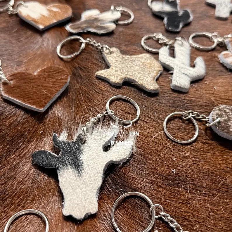 Cowhide Keychains • Mixed Shapes Cactus Heart Longhorn • Hair-on Leather 25 Random