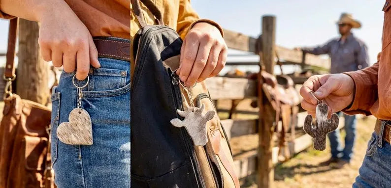 Cowhide Keychains • Mixed Shapes Cactus Heart Longhorn • Hair-on Leather 25 Random