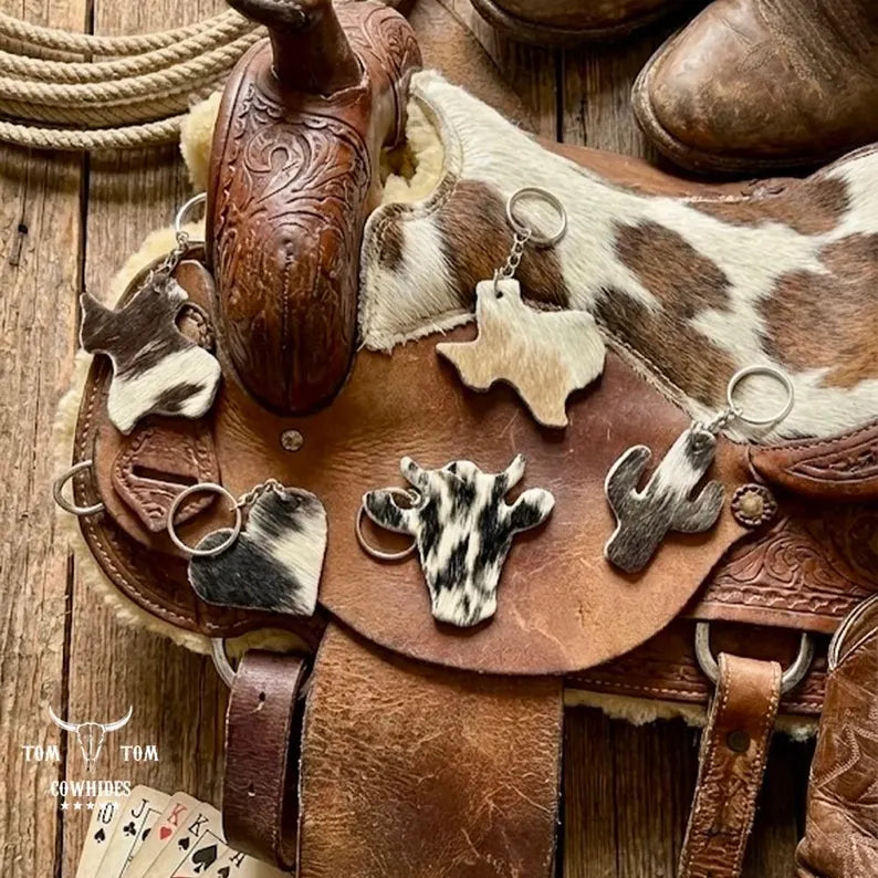 Cowhide Keychains • Mixed Shapes Cactus Heart Longhorn • Hair-on Leather 25 Random