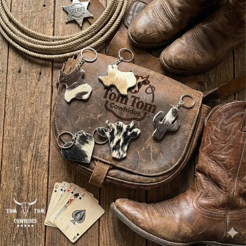 Cowhide Keychains • Mixed Shapes Cactus Heart Longhorn • Hair-on Leather 25 Random